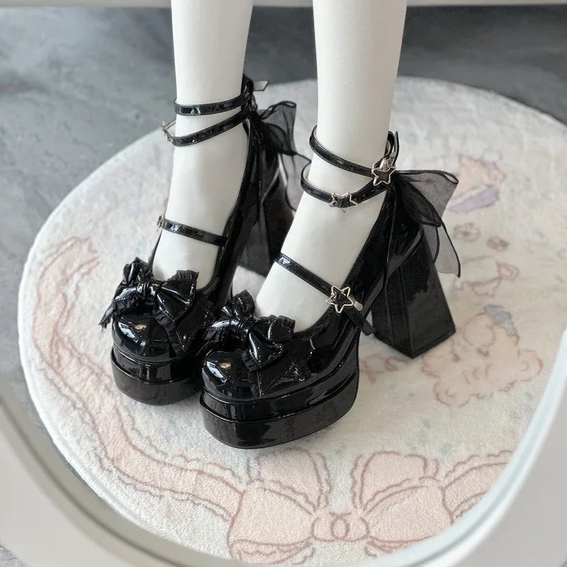 Elegant black Lolita high heels with a bow, suitable for daily wear or special occasions, by eprolo.