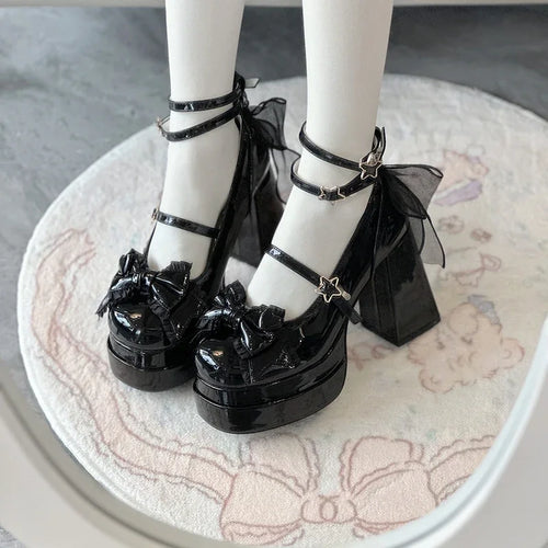 Elegant black Lolita high heels with a bow, suitable for daily wear or special occasions, by eprolo.