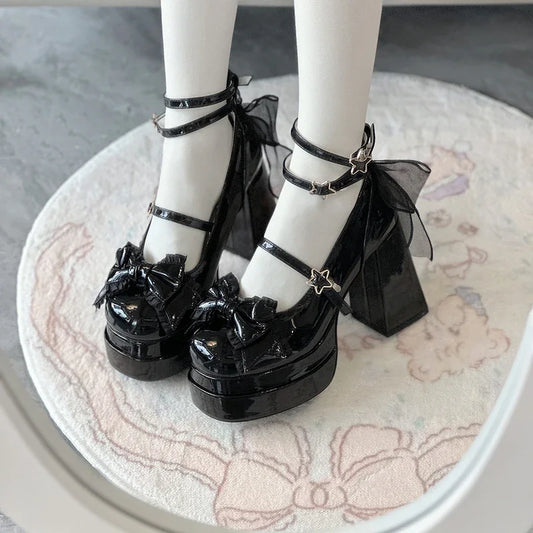 Elegant black Lolita high heels with a bow, suitable for daily wear or special occasions, by eprolo.