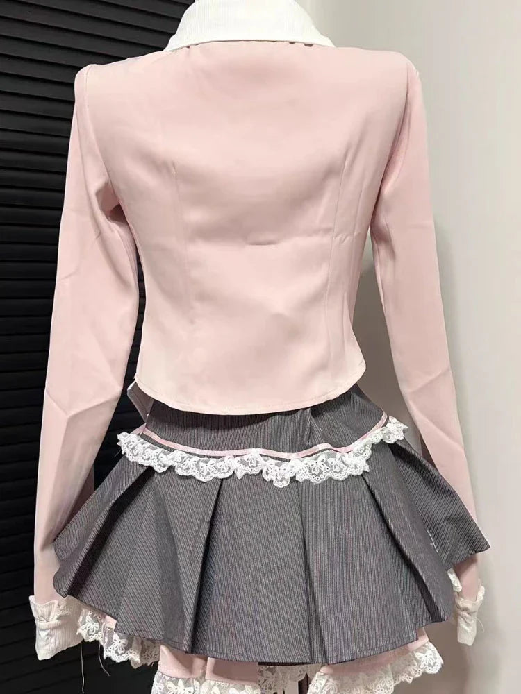 Eprolo long sleeve blouse with lace details paired with a matching mini skirt, stylish and elegant clothing set.