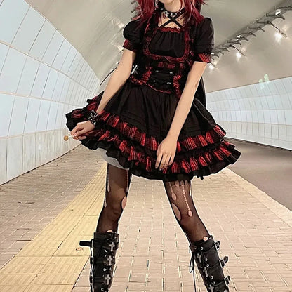 Lolita Gotik Dantel Detaylı Pileli Elbise Kısa Kollu Elbise