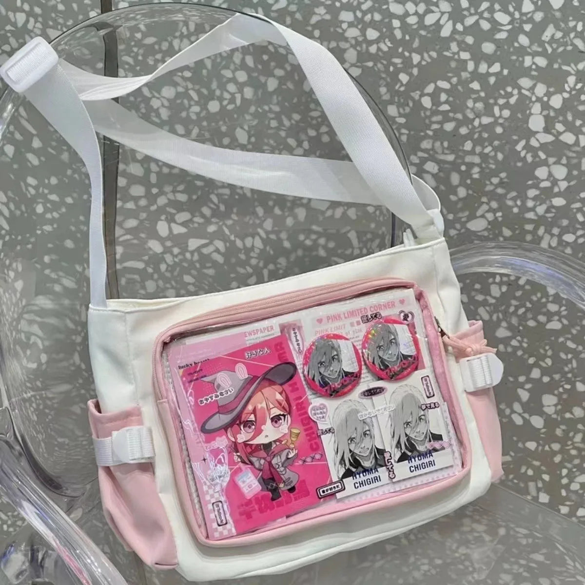 Clear Ita bag with Japanese style design by eprolo, featuring transparent material and organized compartments.
