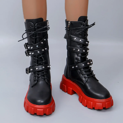 Deri Platform Bağcıklı Punk Gotik Bot