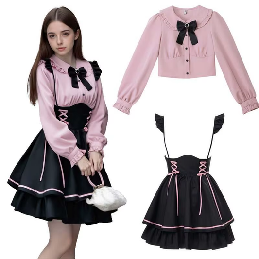 Fiyonk Detaylı Pembe Jirai Kei Lolita Elbise Seti