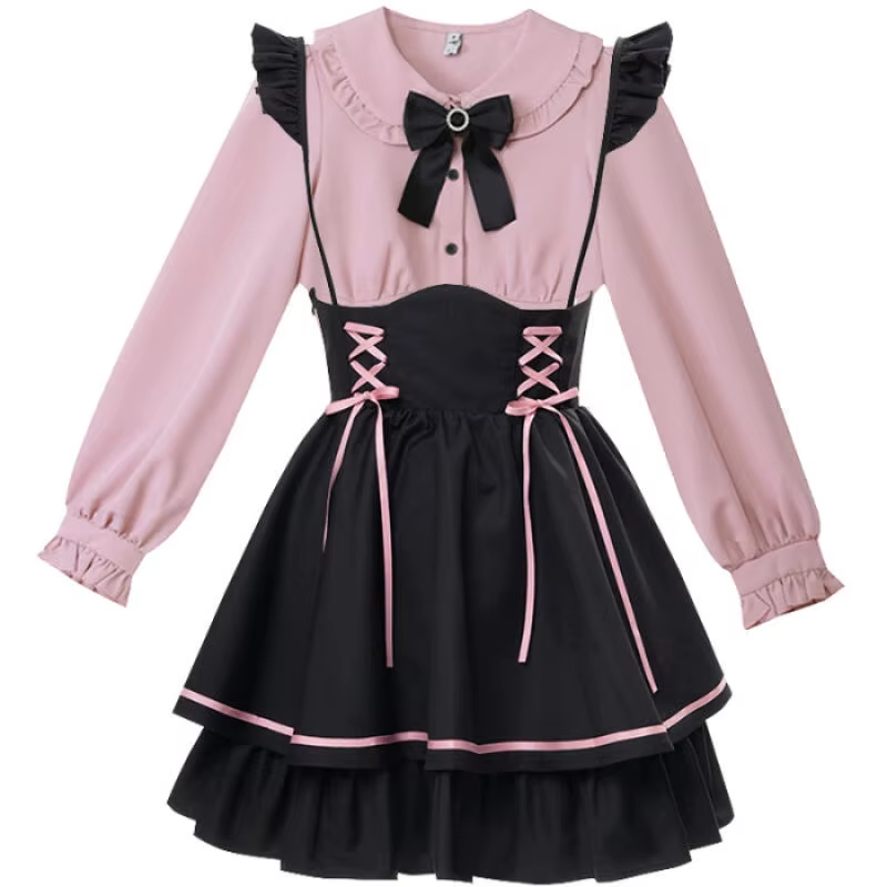 Fiyonk Detaylı Pembe Jirai Kei Lolita Elbise Seti