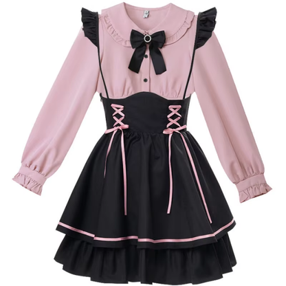 Fiyonk Detaylı Pembe Jirai Kei Lolita Elbise Seti
