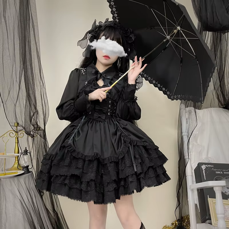 Elegant black gothic Lolita dress with a two-piece design, featuring lace details and a fitted bodice from eprolo.