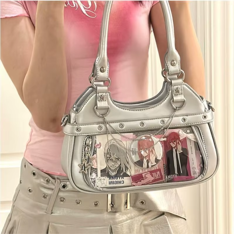 Harajuku Yıldız Ita Çanta by eprolo, Y2K style transparent shoulder bag with star design, showcasing its clear, trendy look.