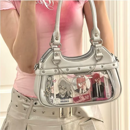 Harajuku Yıldız Ita Çanta by eprolo, Y2K style transparent shoulder bag with star design, showcasing its clear, trendy look.