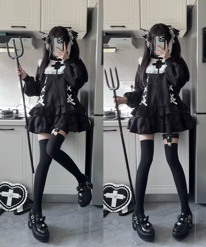Black Y2K Gothic hoodie with long sleeves, featuring a hood and Lolita-inspired design from eprolo.