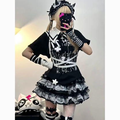 Japon Stil Vintage Lolita Tshirt & Etek Seti