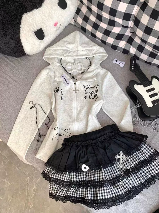 Siyah Beyaz Kapüşonlu Uzun Kollu Etek Üst Takımı