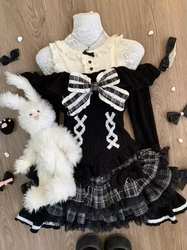 Siyah Ekoseli Lolita Etek & Üst Seti