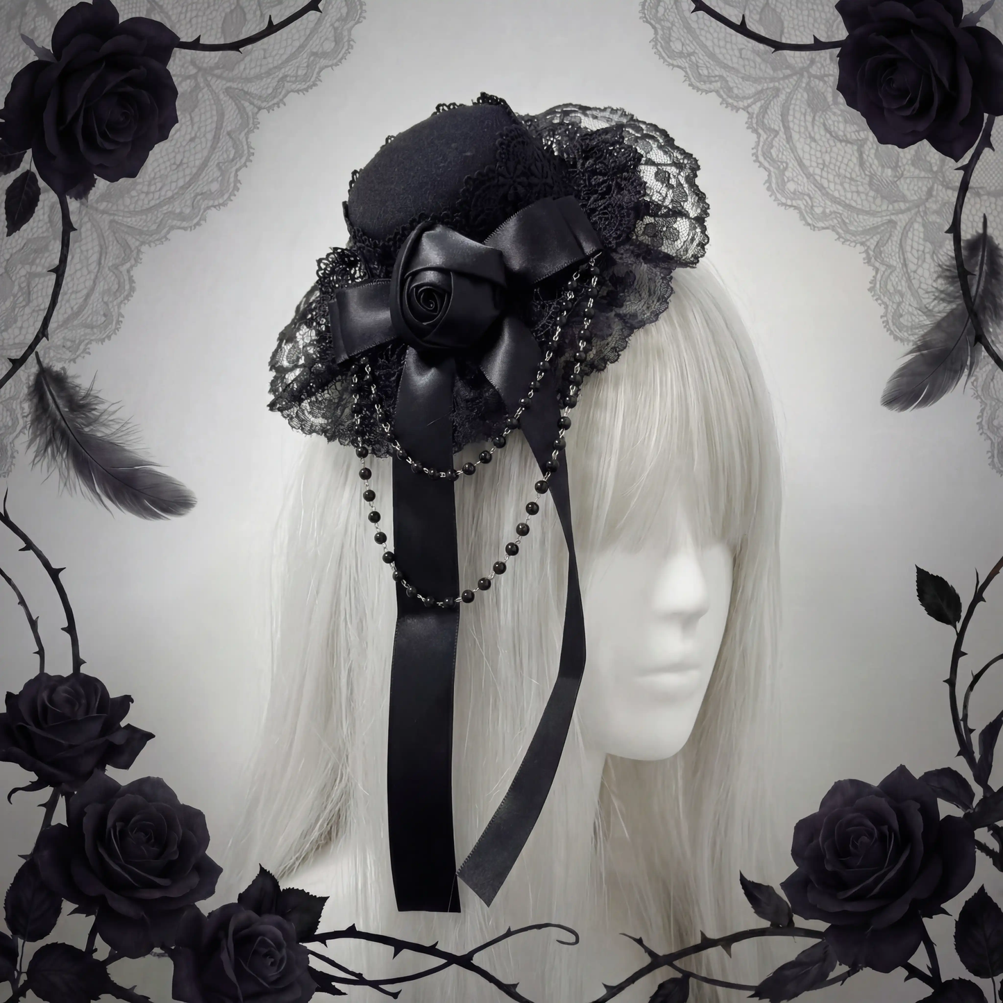 Siyah Güllü Gotik Lolita Bonnet