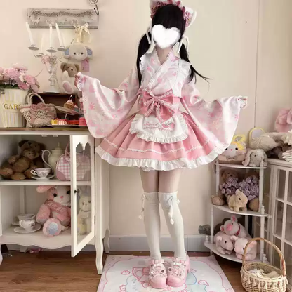 Çilek Desenli Fırfırlı Kimono Elbise