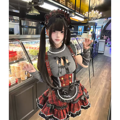 Kırmızı Ekoseli Jiraikei Lolita Elbise