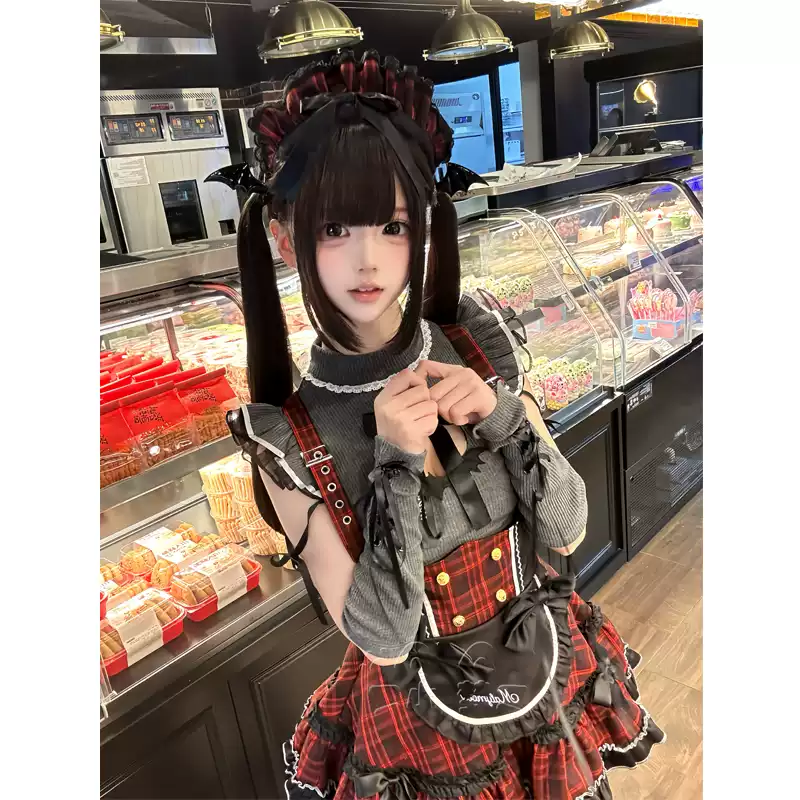 Kırmızı Ekoseli Jiraikei Lolita Elbise