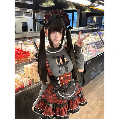 Kırmızı Ekoseli Jiraikei Lolita Elbise
