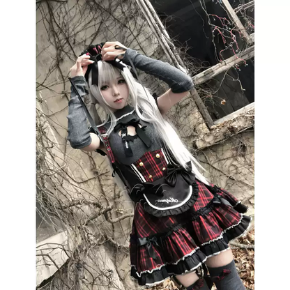 Kırmızı Ekoseli Jiraikei Lolita Elbise