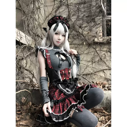 Kırmızı Ekoseli Jiraikei Lolita Elbise