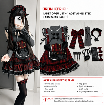 Kırmızı Ekoseli Jiraikei Lolita Elbise