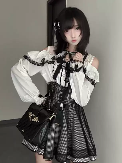 Siyah-Beyaz Jiraikei Lolita Ekose Elbise Seti