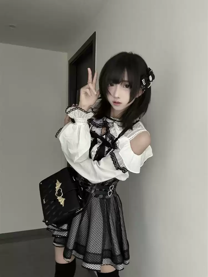 Siyah-Beyaz Jiraikei Lolita Ekose Elbise Seti