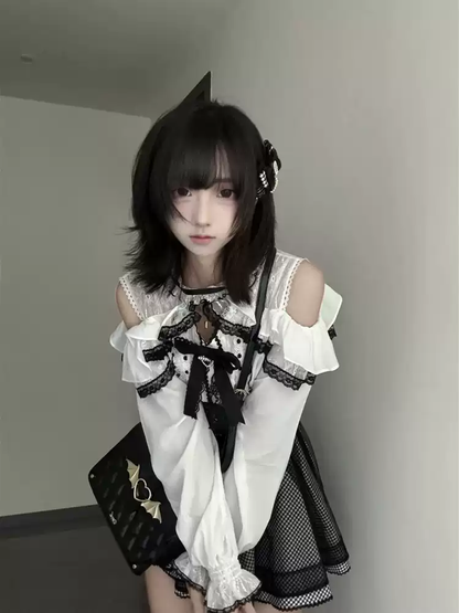 Siyah-Beyaz Jiraikei Lolita Ekose Elbise Seti