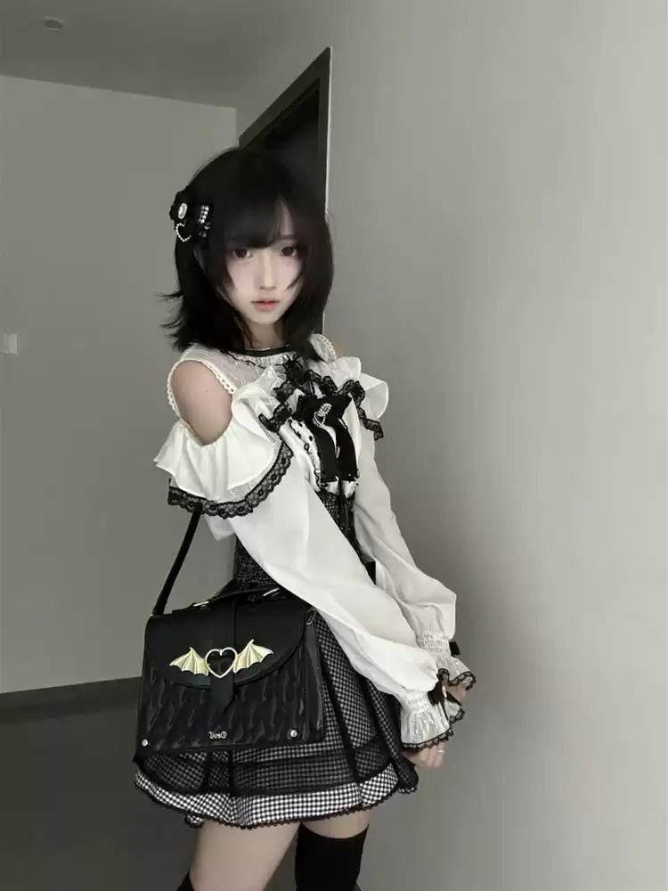 Siyah-Beyaz Jiraikei Lolita Ekose Elbise Seti