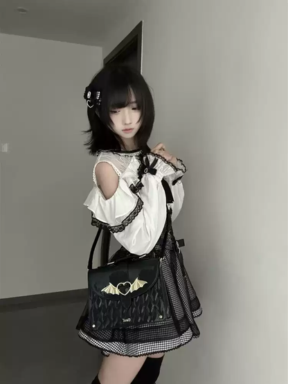 Siyah-Beyaz Jiraikei Lolita Ekose Elbise Seti