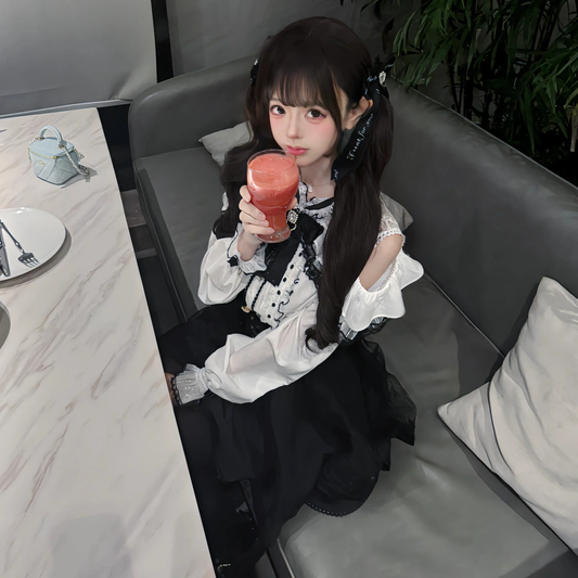 Siyah-Beyaz Jiraikei Lolita Ekose Elbise Seti
