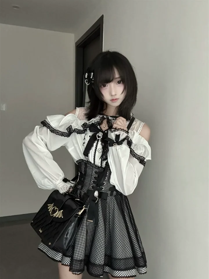 Siyah-Beyaz Jiraikei Lolita Ekose Elbise Seti