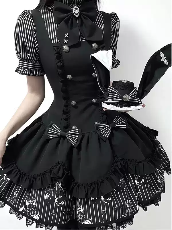 Siyah Beyaz Çizgili Lolita Elbise