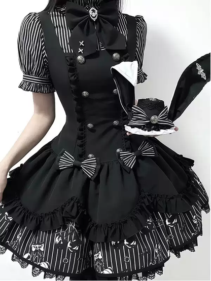 Siyah Beyaz Çizgili Lolita Elbise
