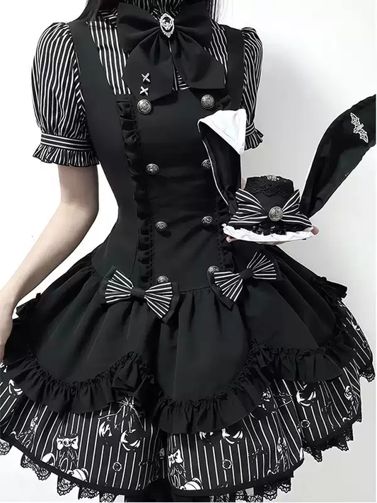 Siyah Beyaz Çizgili Lolita Elbise