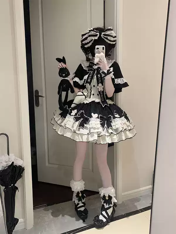 Tavşan Detaylı Siyah Beyaz Lolita Elbise