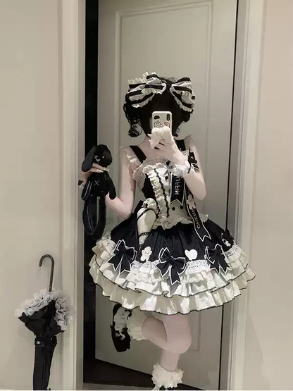 Tavşan Detaylı Siyah Beyaz Lolita Elbise