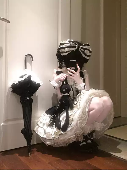 Tavşan Detaylı Siyah Beyaz Lolita Elbise