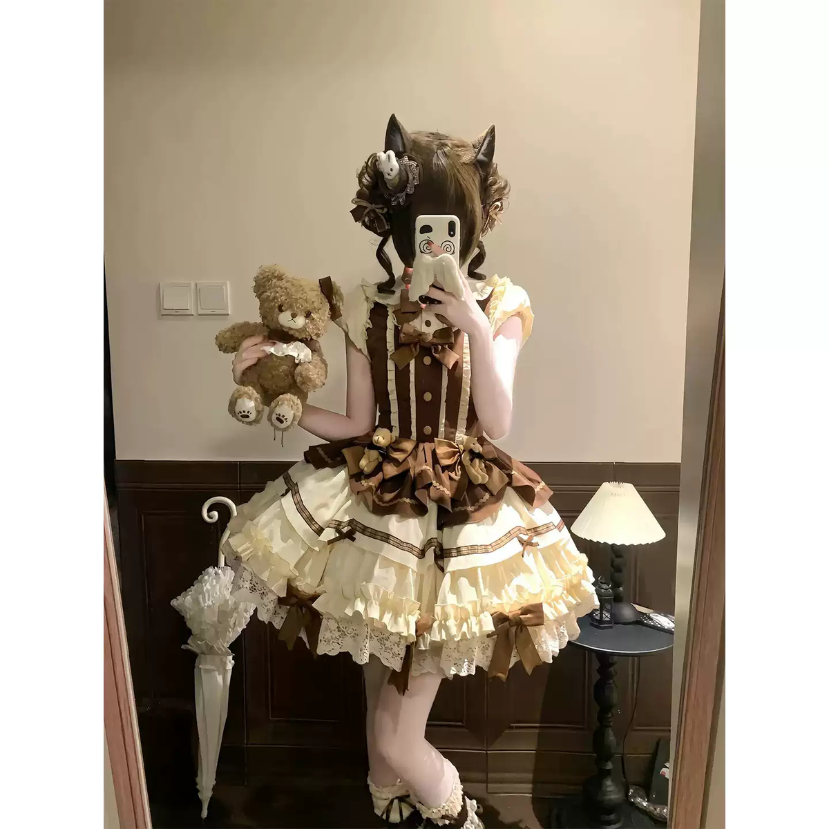 Kahverengi Kısa Kollu Lolita Elbise