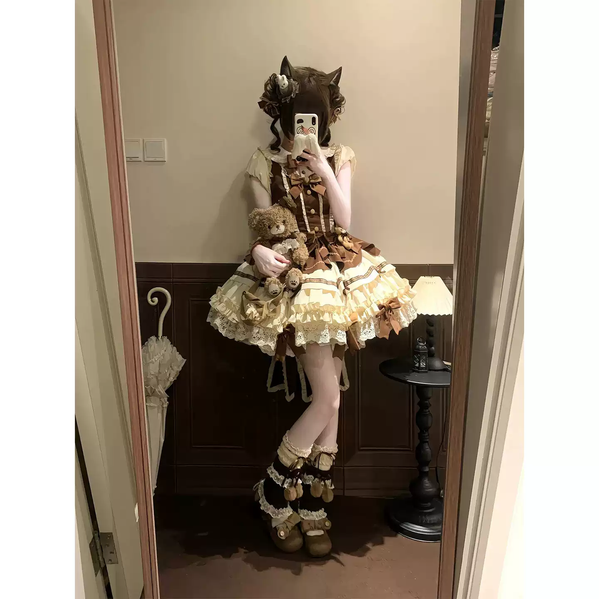 Kahverengi Kısa Kollu Lolita Elbise