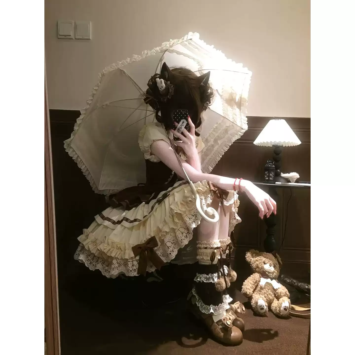 Kahverengi Kısa Kollu Lolita Elbise