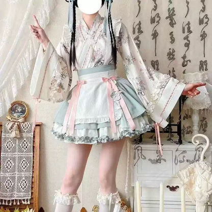 Mint Çiçekli Japon Elbisesi