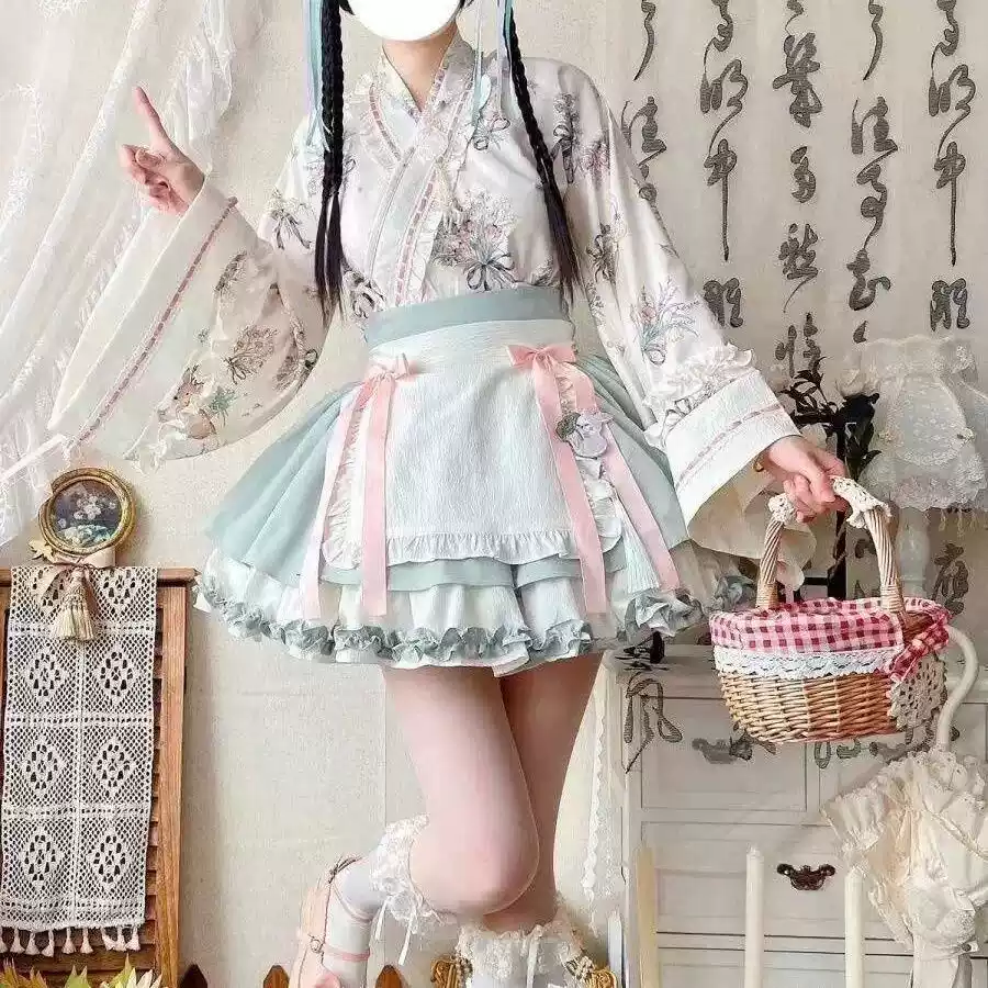 Mint Çiçekli Japon Elbisesi