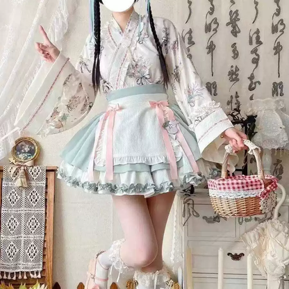 Mint Çiçekli Japon Elbisesi
