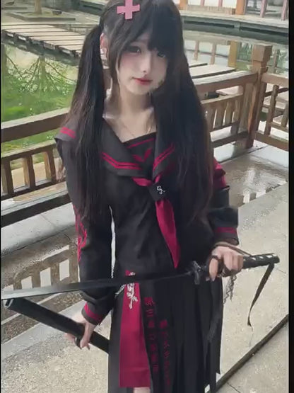 Akai Yoru Kırmızı-Siyah Japon Denizci Yaka Etek Takımı
