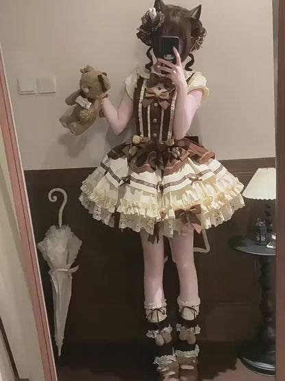 Kahverengi Kısa Kollu Lolita Elbise