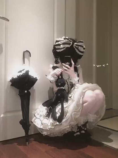 Tavşan Detaylı Siyah Beyaz Lolita Elbise